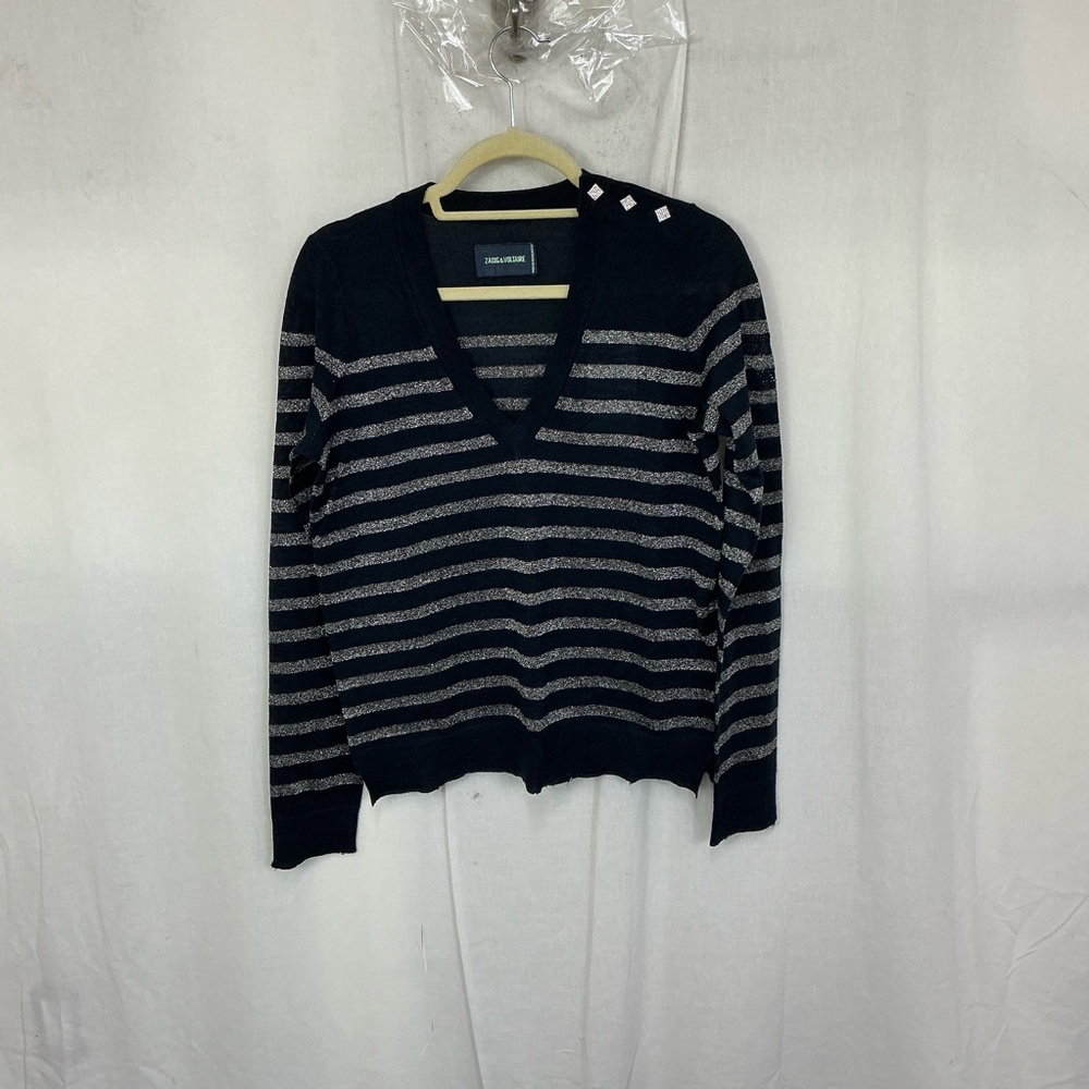 NEW Zadig & Voltaire Encre Missia Metallic Stripe Wool Blend Sweater Size M - Picture 7 of 16